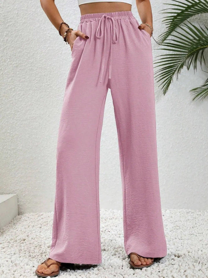 Pink High-rise wide leg drawstring pants with pockets