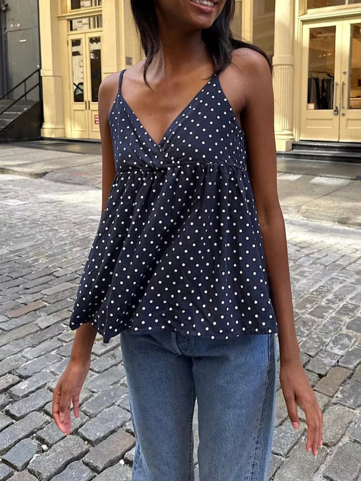 Polka dot v-neck babydoll cami with twist front
