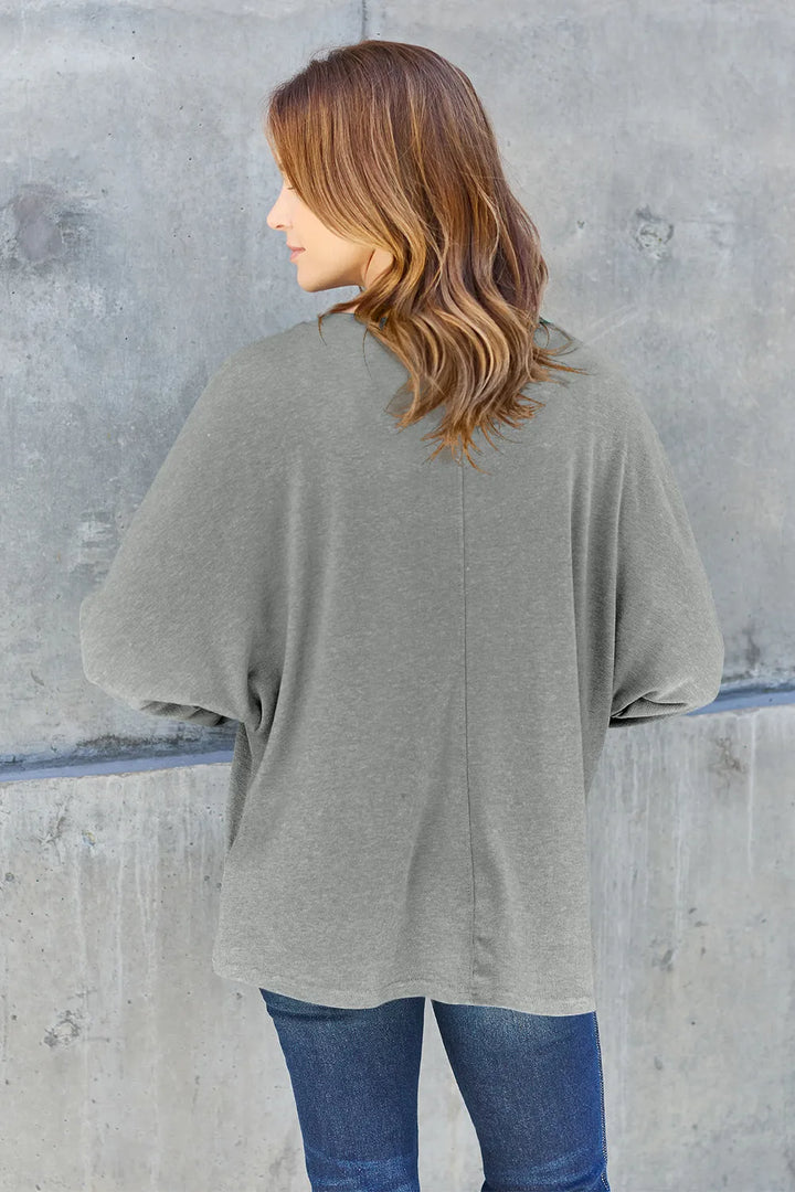 Relaxed drop-shoulder round neck long sleeve top