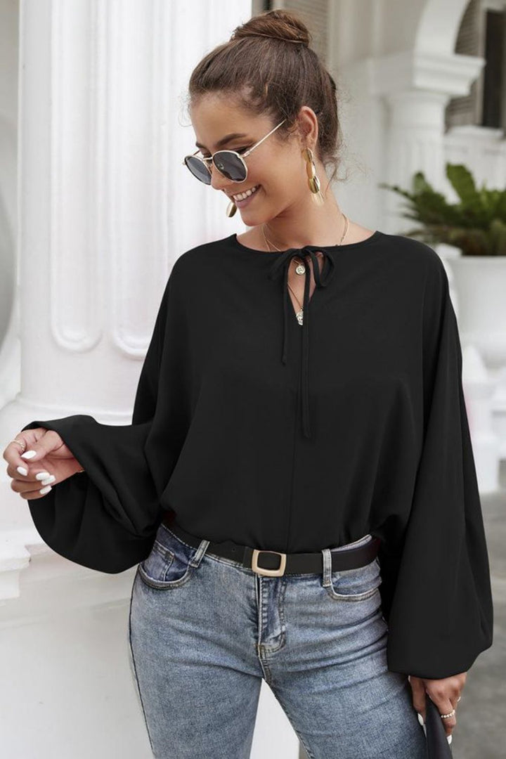 Black Balloon sleeve tie-neck blouse with keyhole front