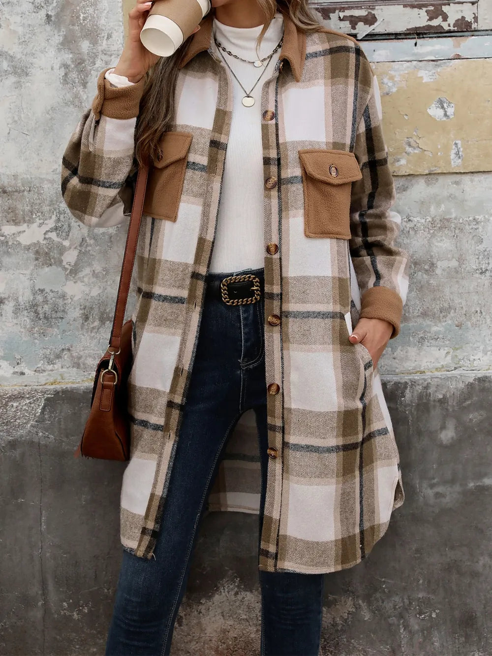 Longline plaid button-up shacket with flap pockets