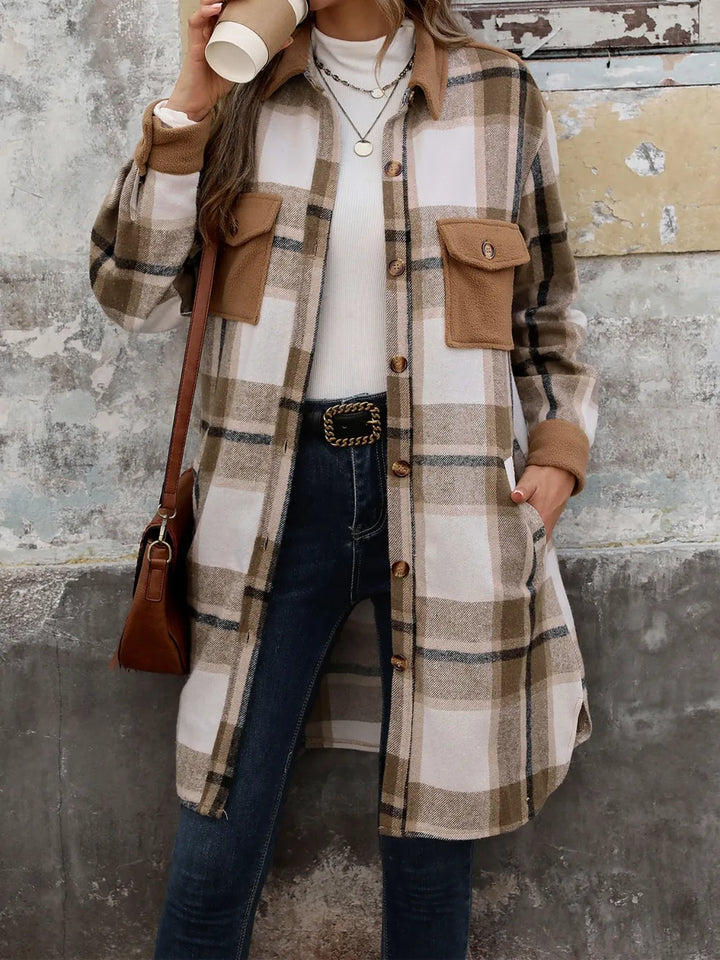 Longline plaid button-up shacket with flap pockets