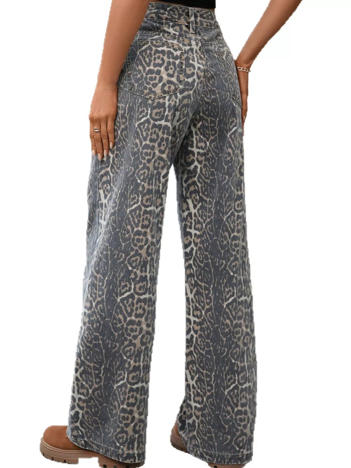 Leopard print high-rise wide-leg jeans