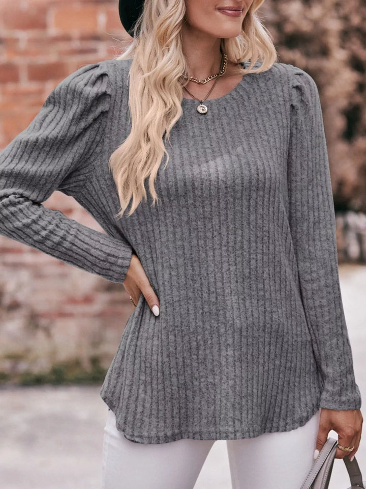Dark Gray Ribbed knit long sleeve top with puff shoulders