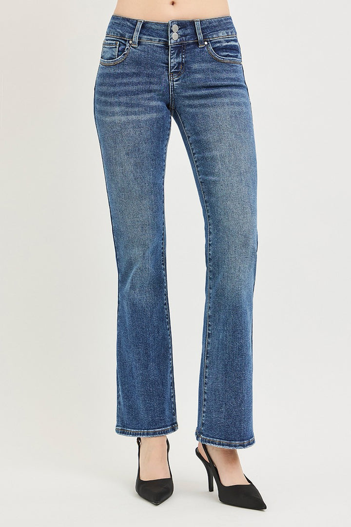Tummy control low-rise bootcut jeans with double-button waistband
