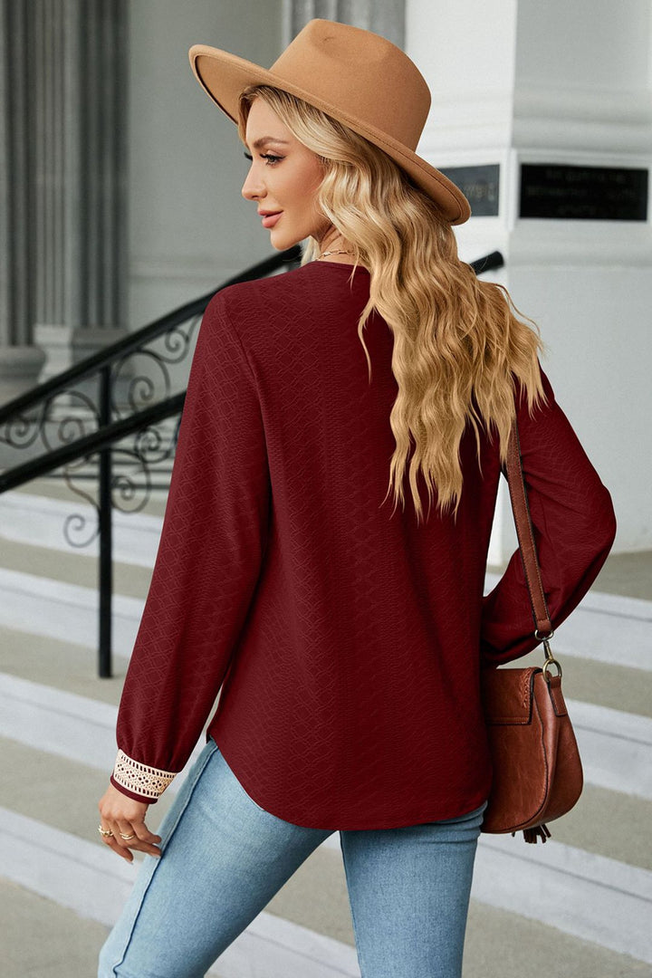 Textured crochet lace V-neck long sleeve blouse