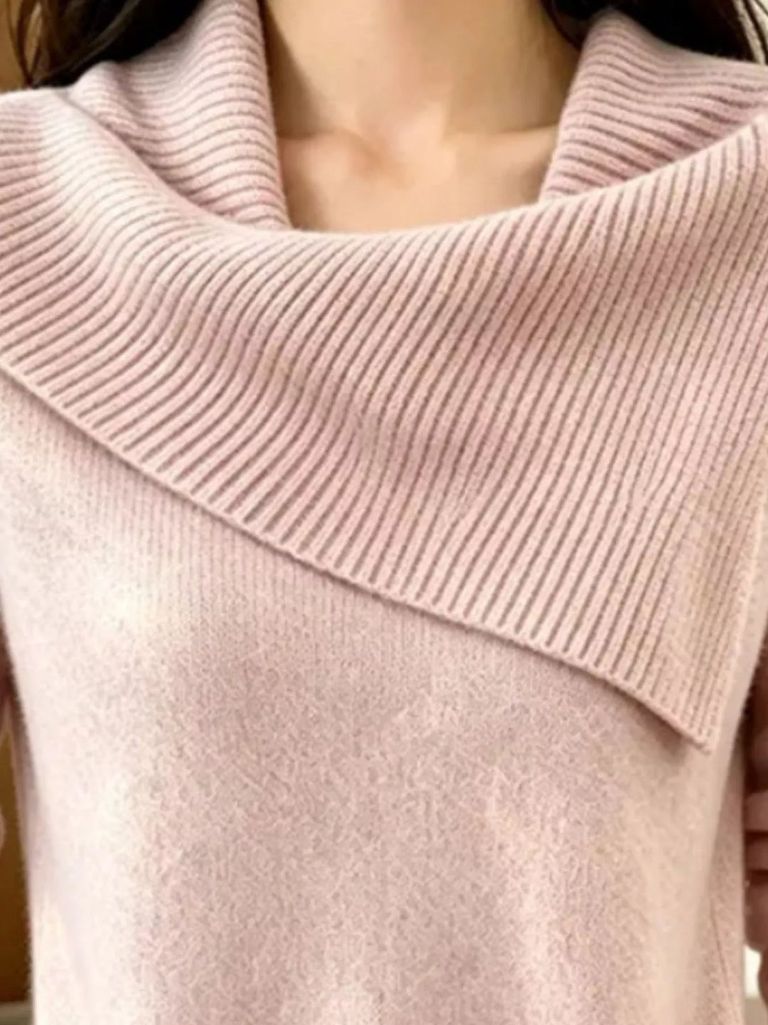 Asymmetric foldover ribbed collar knit pullover sweater
