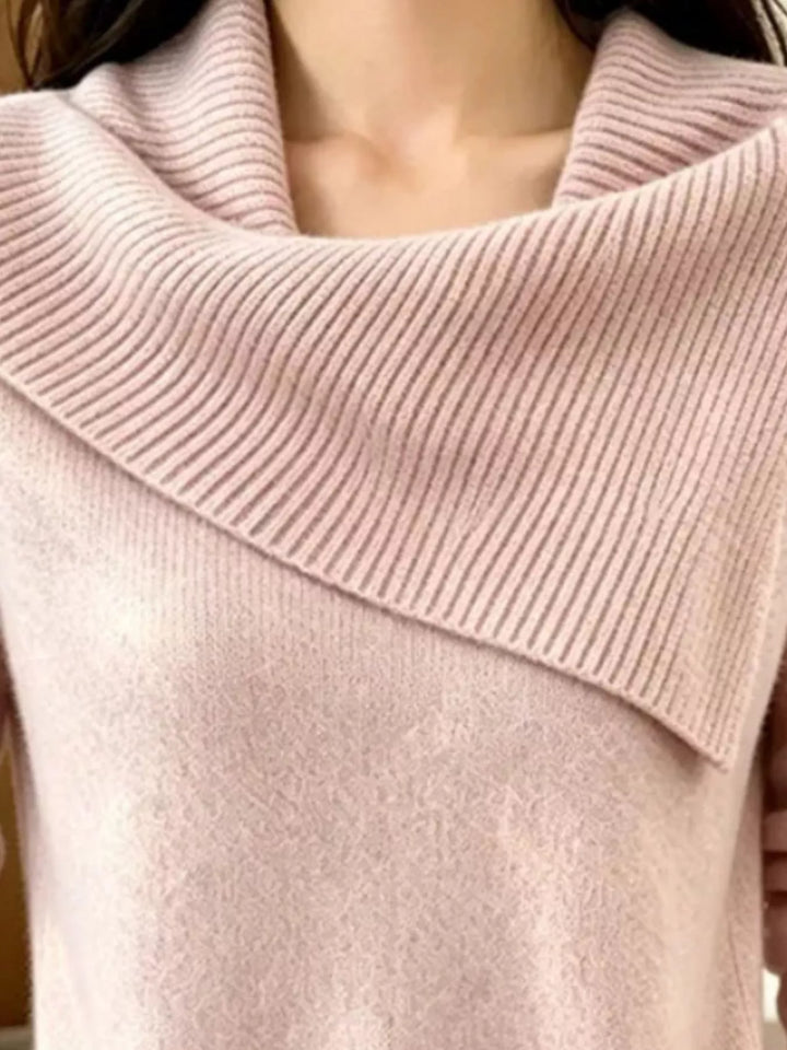 Asymmetric foldover ribbed collar knit pullover sweater