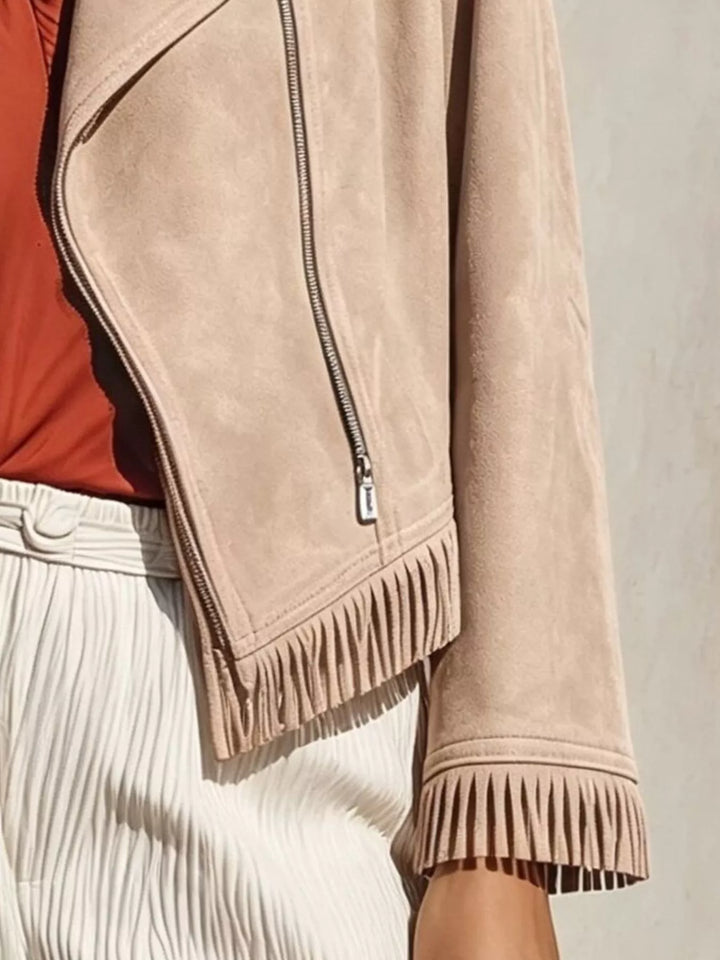 Fringe hem faux leather moto jacket with asymmetrical zip