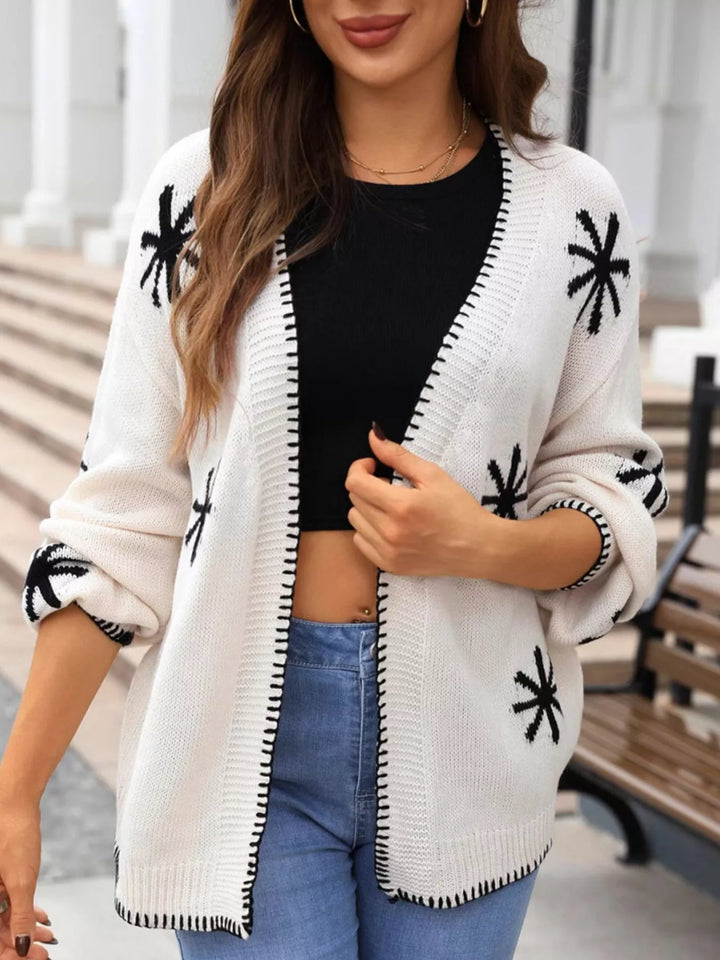 Floral open front knit cardigan with whipstitch trim