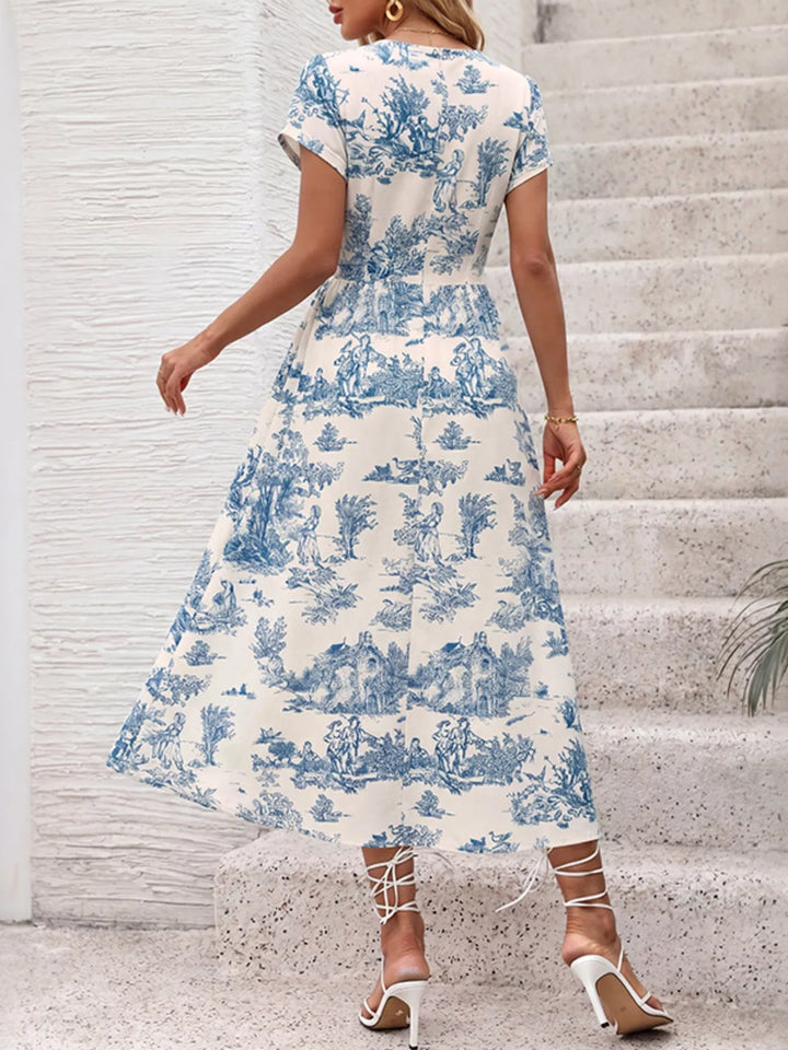 Toile print V-neck midi dress with ruched waist