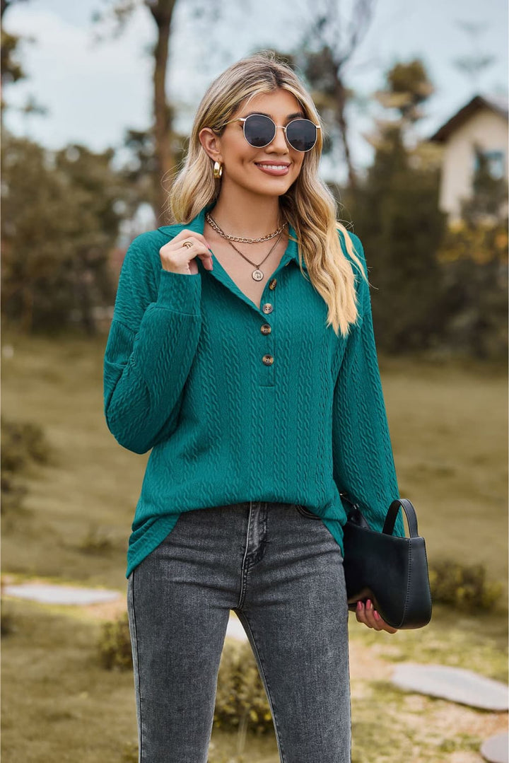 Textured knit collared top with half-button placket