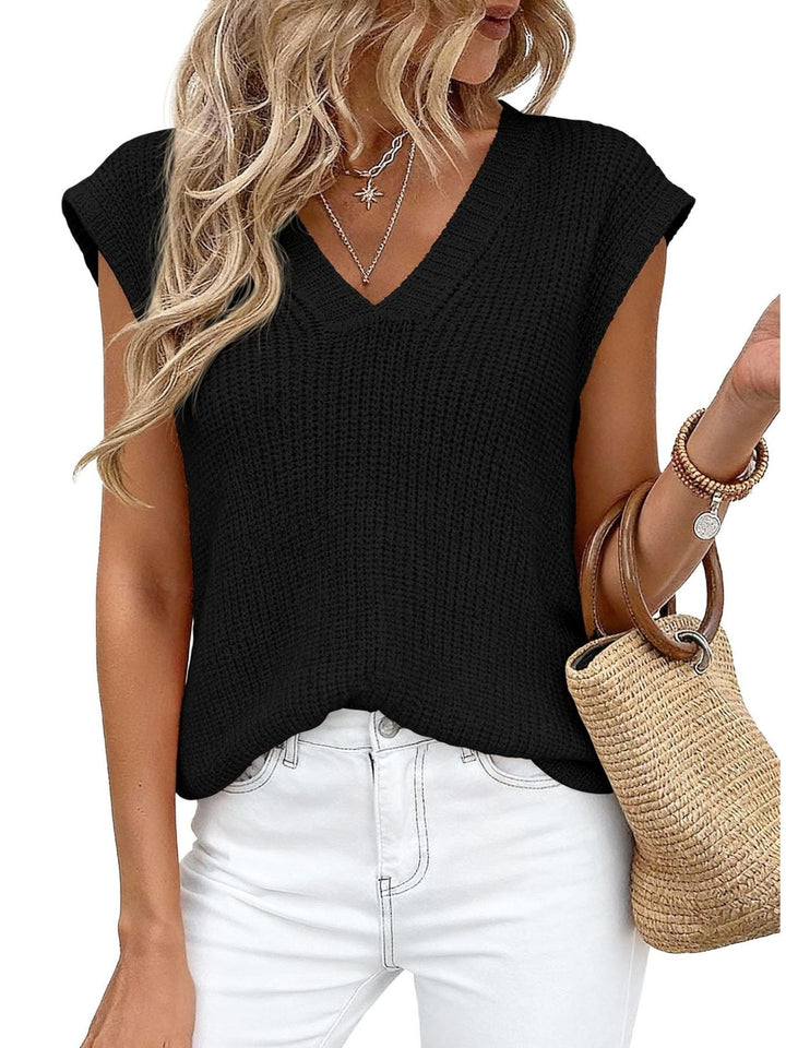 V-neck cap sleeve waffle knit sweater vest