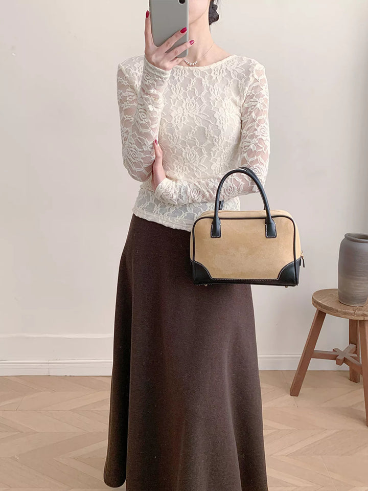 Sheer floral lace round neck long sleeve top