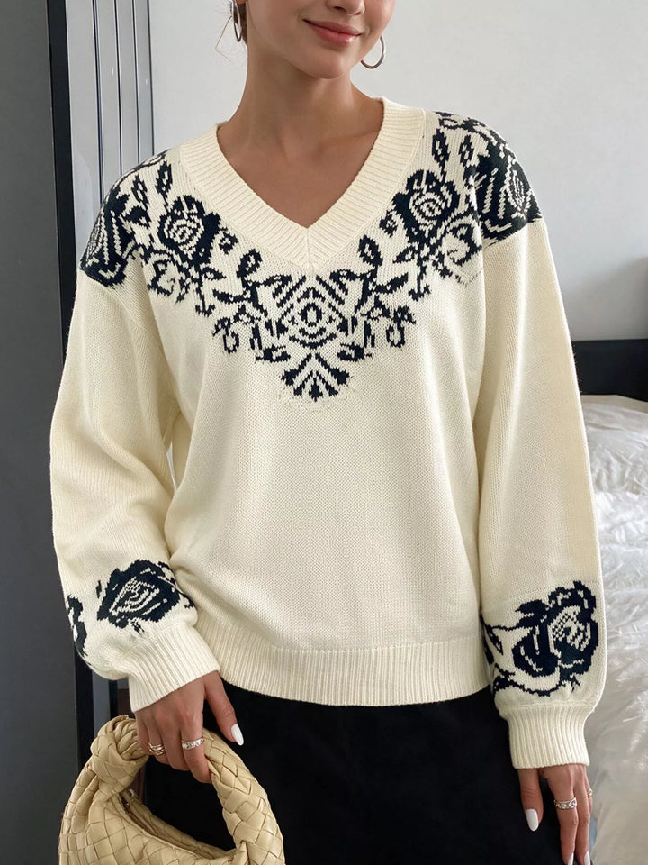 Floral jacquard V-neck dropped shoulder sweater
