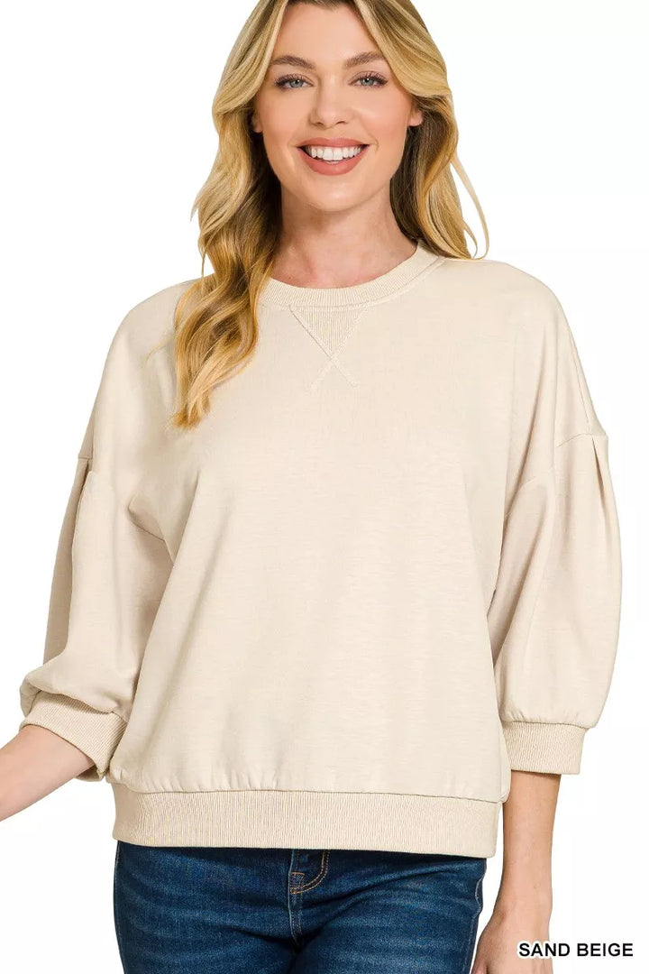SAND BEIGE Dolman sleeve scuba sweatshirt with ribbed crew neck