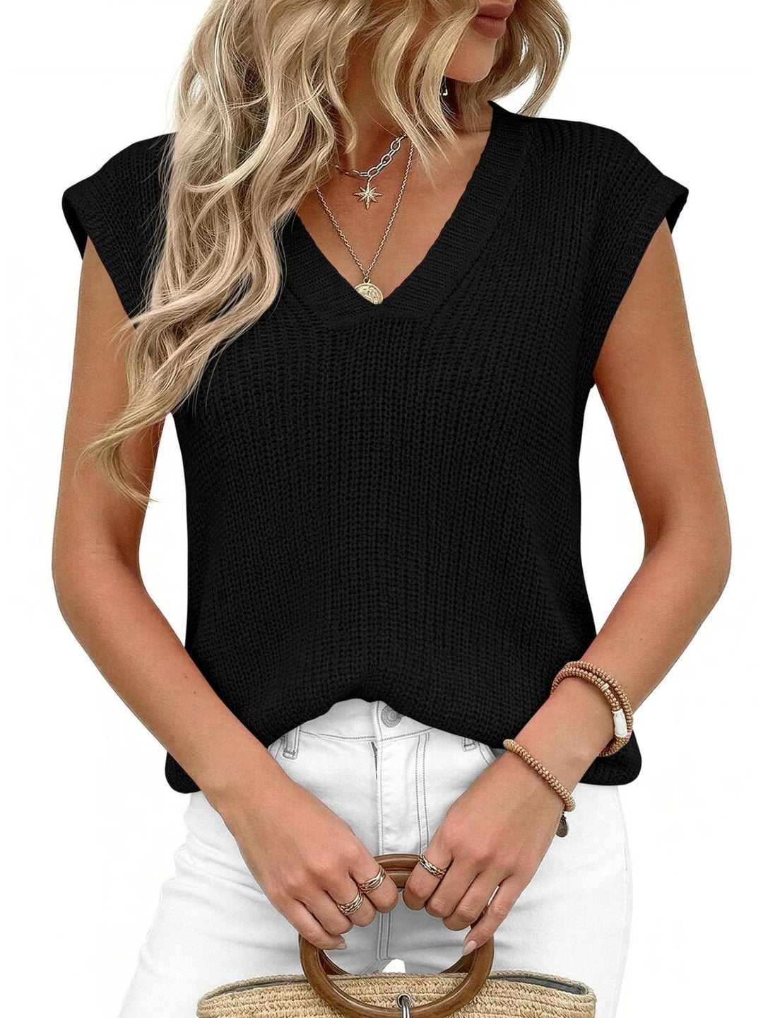 Black V-neck cap sleeve waffle knit sweater vest