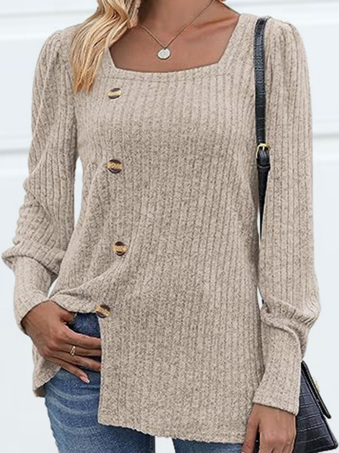 Ribbed knit square neck top with decorative buttons