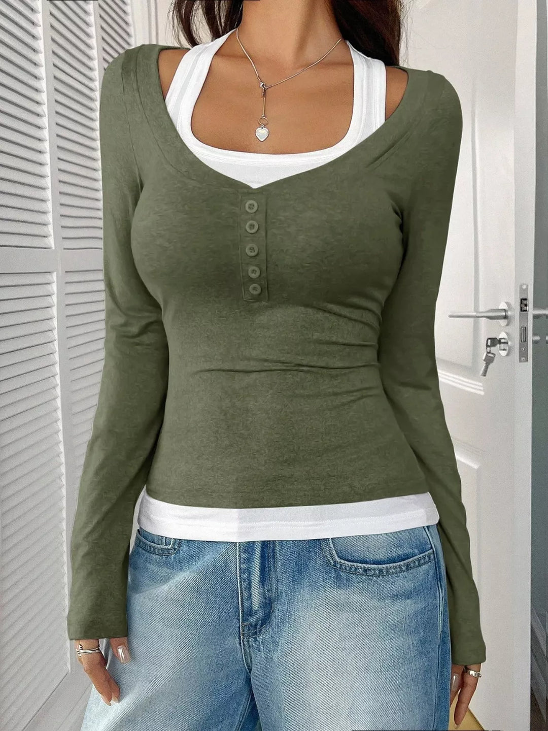 Fake two-piece contrast long sleeve henley top