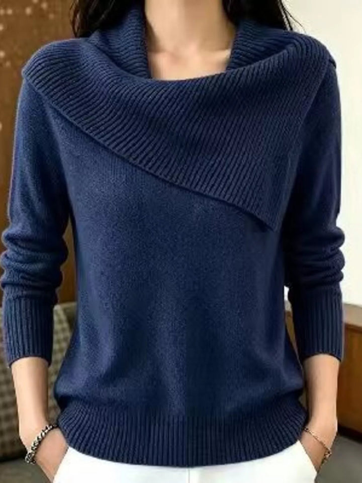 Navy Asymmetric foldover ribbed collar knit pullover sweater