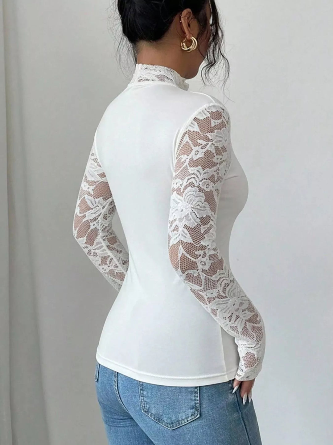 Sheer floral lace sleeve fitted top with sweetheart neckline