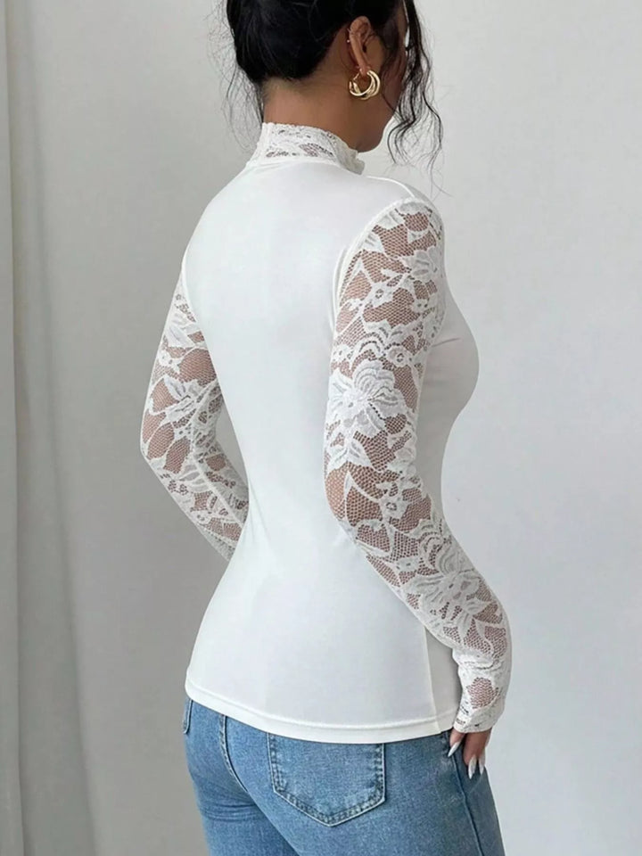 Sheer floral lace sleeve fitted top with sweetheart neckline
