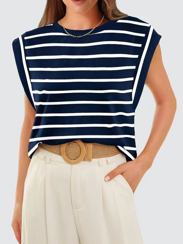 Striped cap-sleeve crew neck muscle tank top