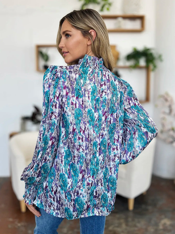 Printed smocked frill mock neck long sleeve blouse