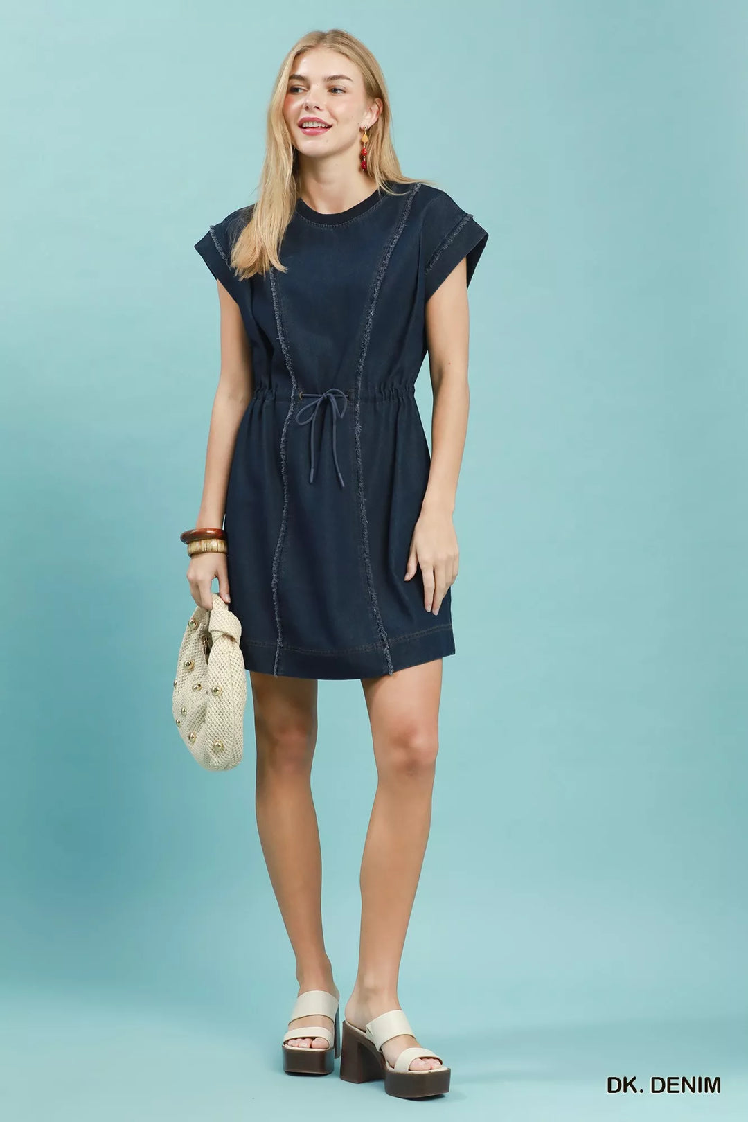 Frayed seam drawstring waist denim mini dress with cap sleeves