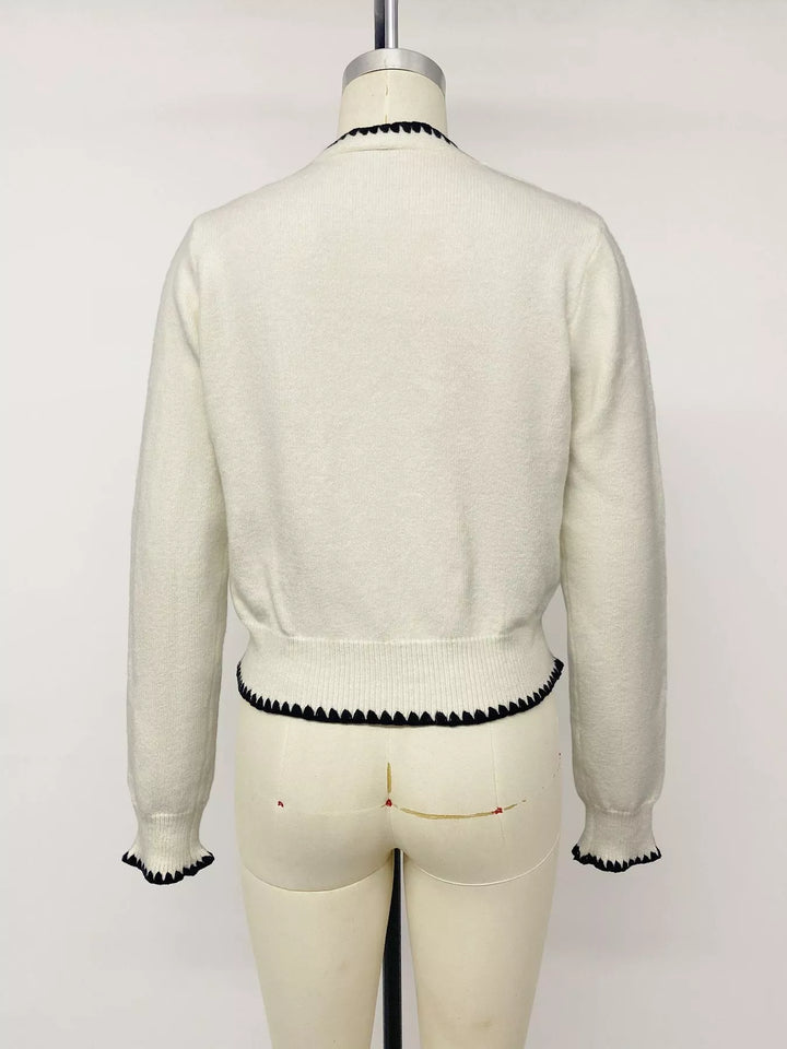 Contrast whipstitch trim V-neck button-front knit cardigan