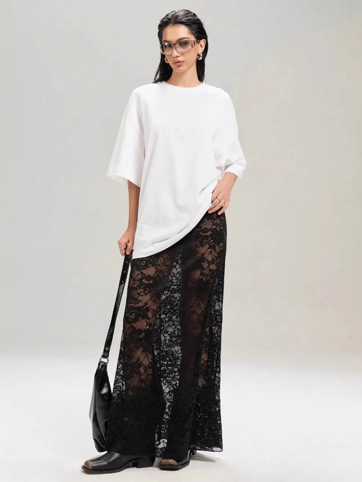 Black Sheer floral lace maxi skirt with stretch