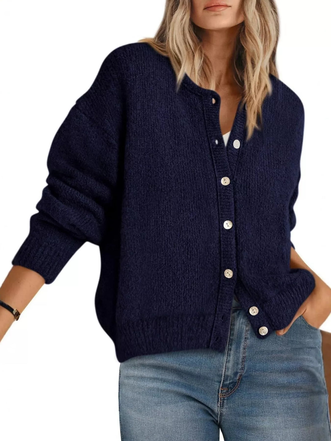 Navy Blue Button-front dropped shoulder knit cardigan