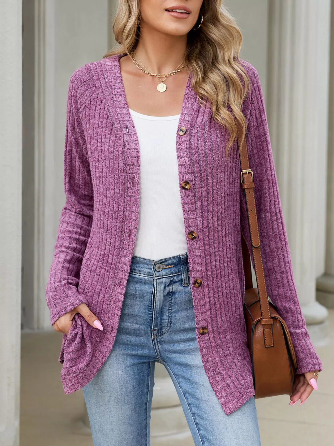 Ribbed knit hooded cardigan with tortoise buttons