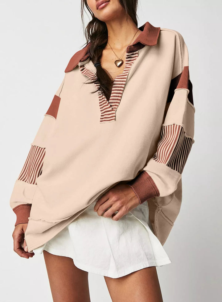 Color block striped Johnny collar sweatshirt with exposed seams