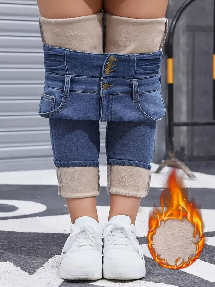 High-rise fleece-lined skinny jeans with stacked button waist