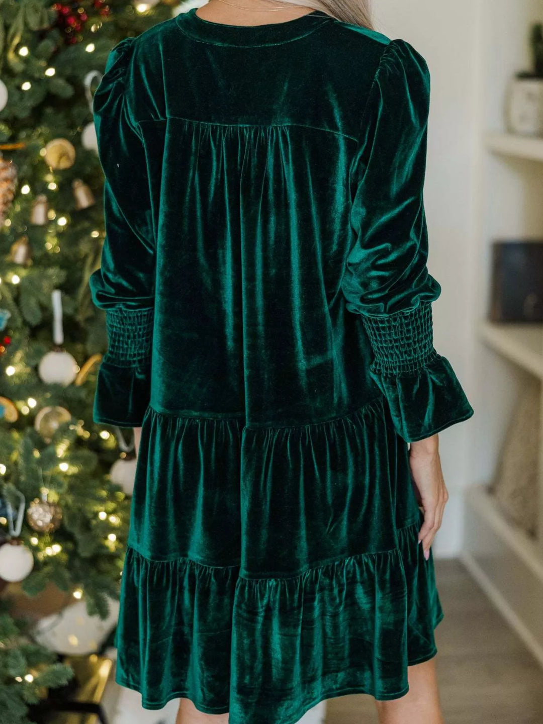 Tiered velvet mini dress with smocked ruffle cuffs