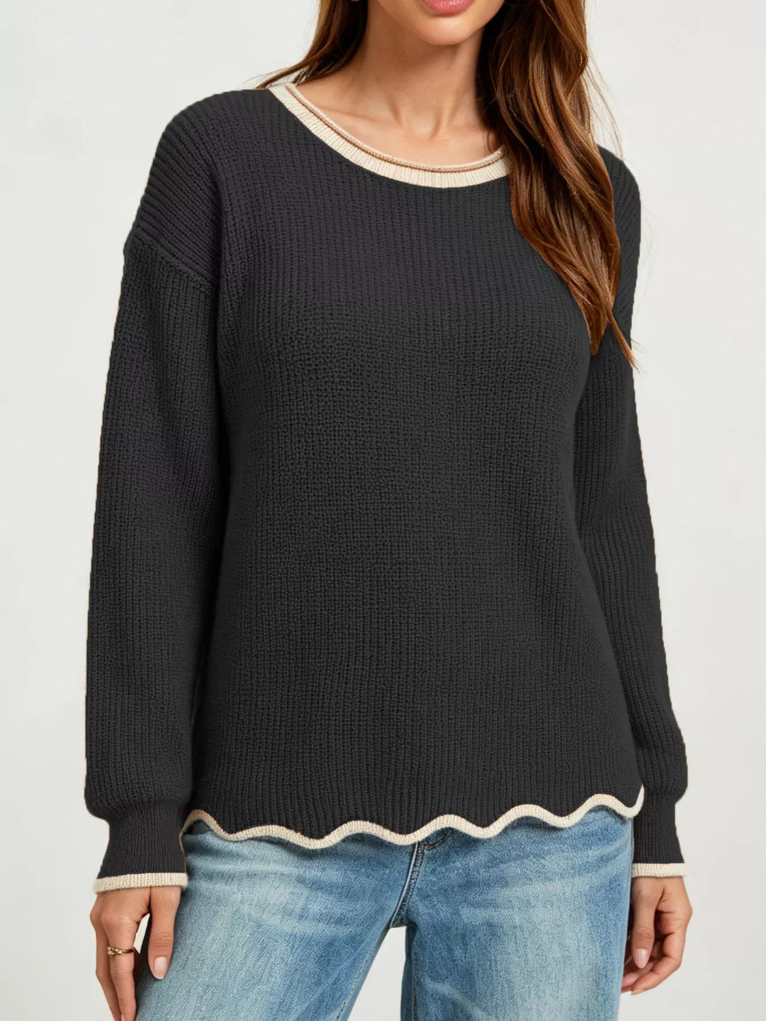 Black Scalloped hem ribbed knit sweater with contrast trim