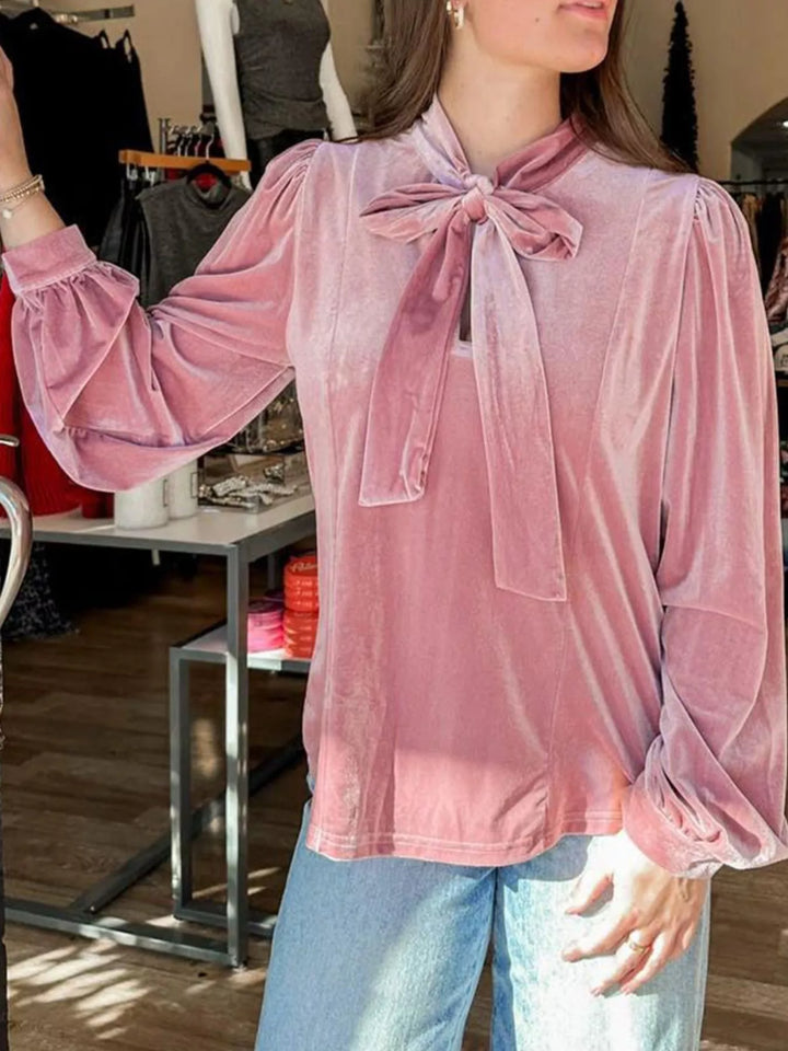 Dusty Pink Velvet tie-neck blouse with balloon sleeves