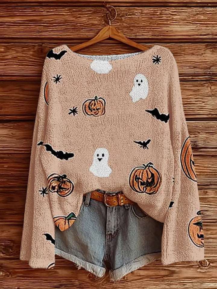 Pale Blush Halloween ghost and pumpkin graphic boat neck sweater