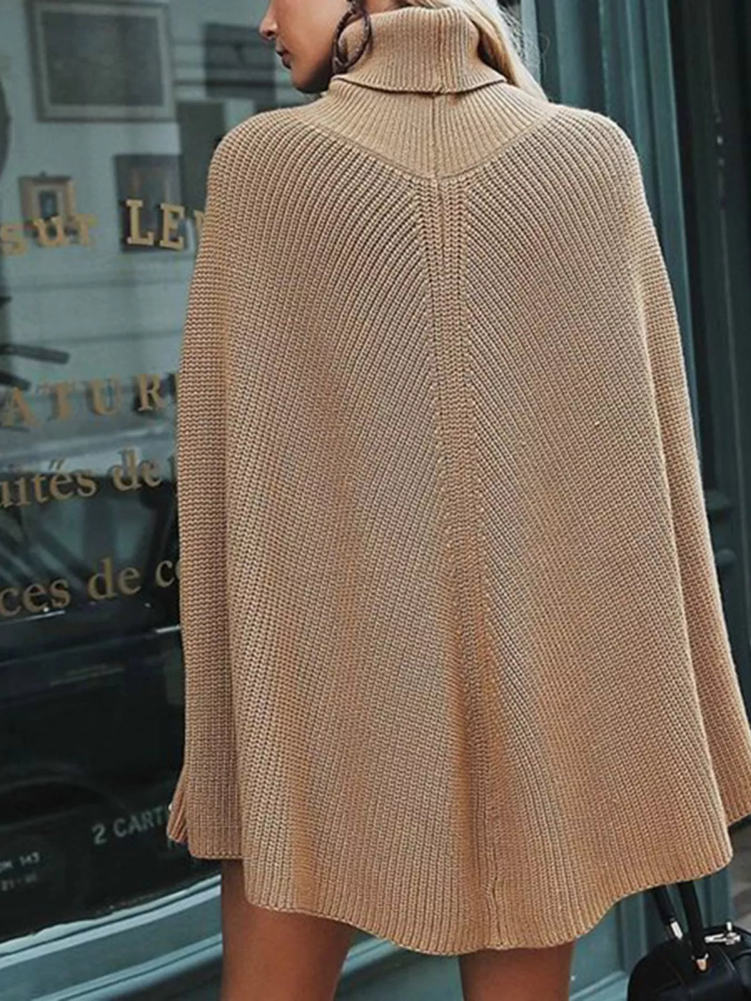 Ribbed turtleneck poncho sweater with split sleeves