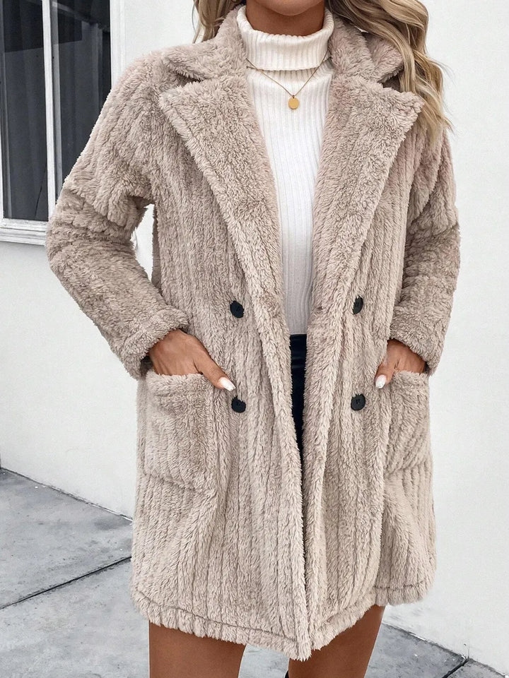 Fuzzy fleece notch lapel longline coat with pockets