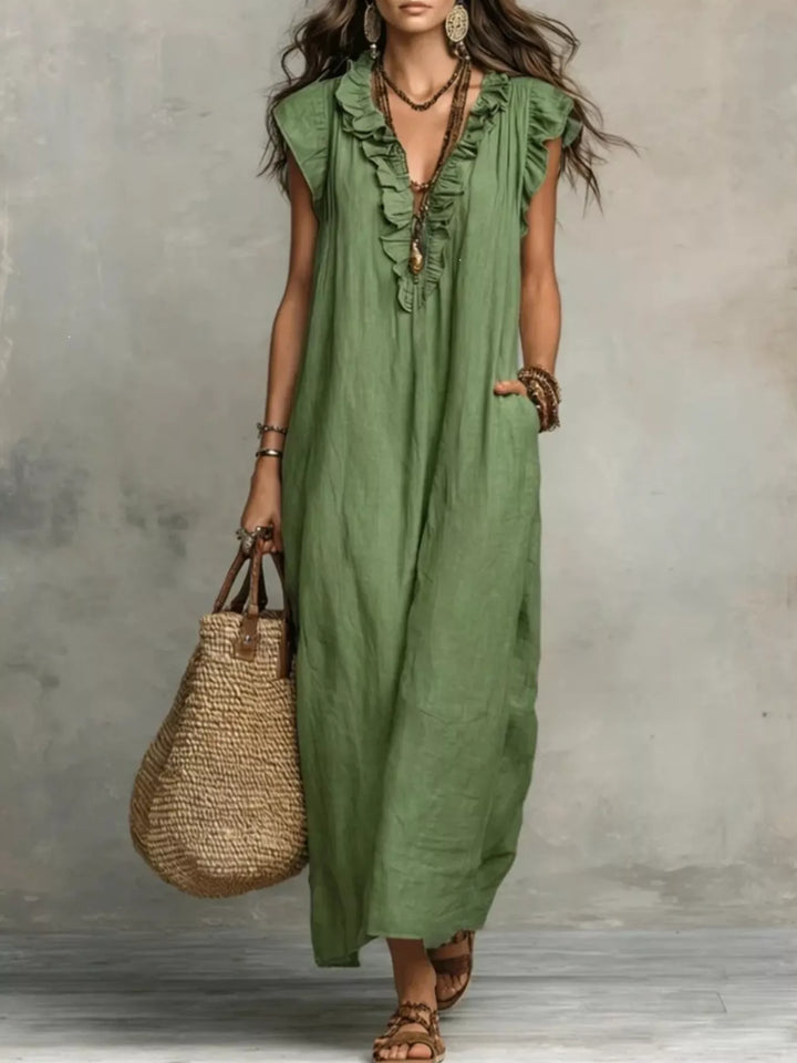 Army Green Ruffled v-neck cap sleeve maxi dress with side pockets