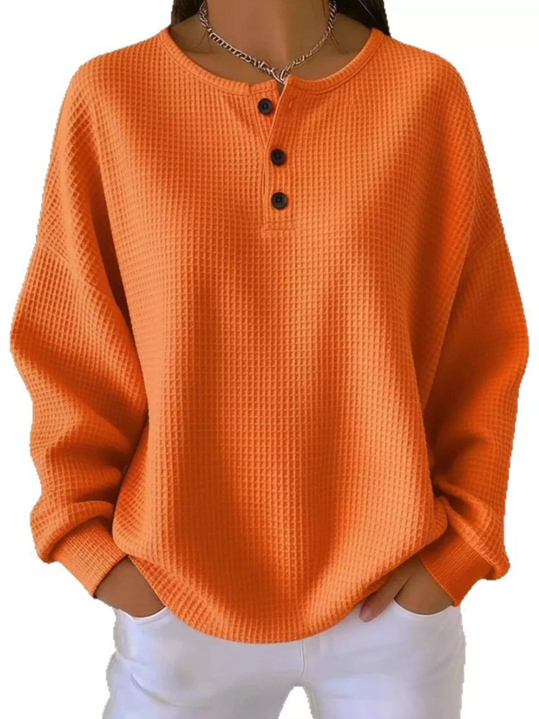Waffle knit long sleeve henley top with button placket