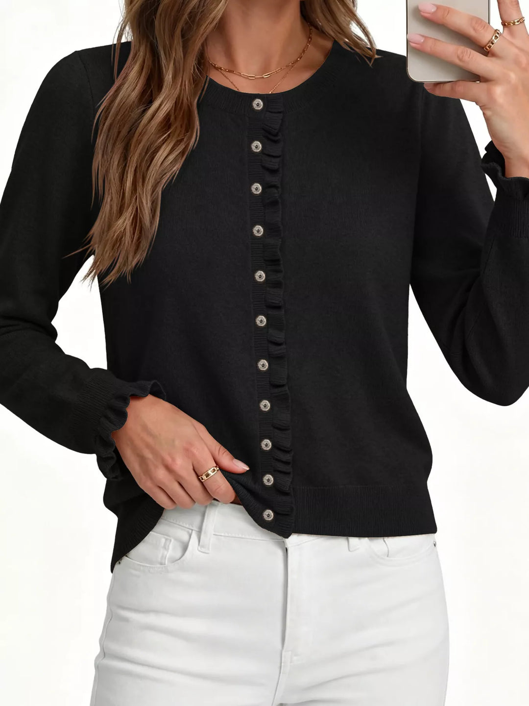 Ruffle placket button-front knit cardigan with ruffle cuffs