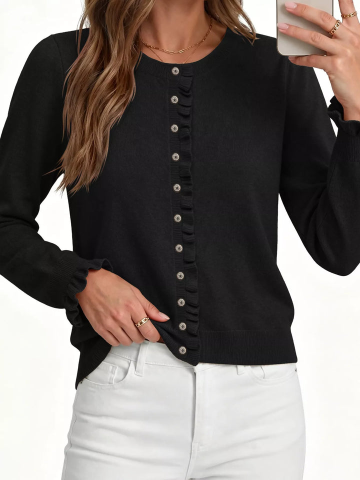 Ruffle placket button-front knit cardigan with ruffle cuffs