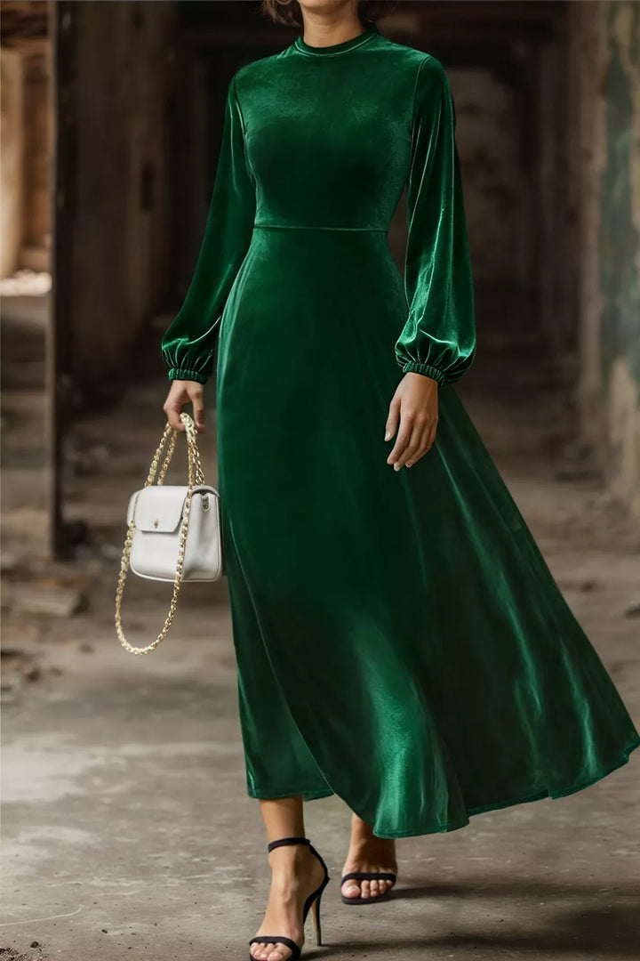 Dark Green Velvet balloon sleeve mock neck maxi dress