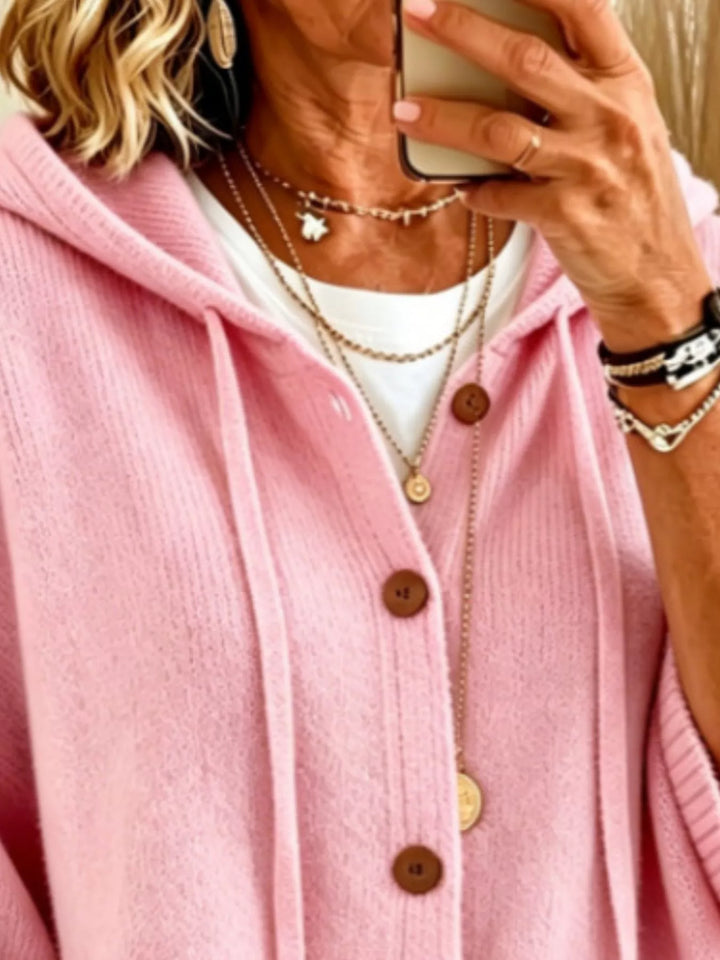 Hooded button-down knit cardigan with patch pockets