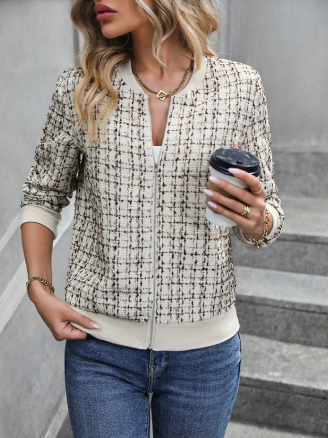 Tweed zip-up bomber jacket with ribbed trim