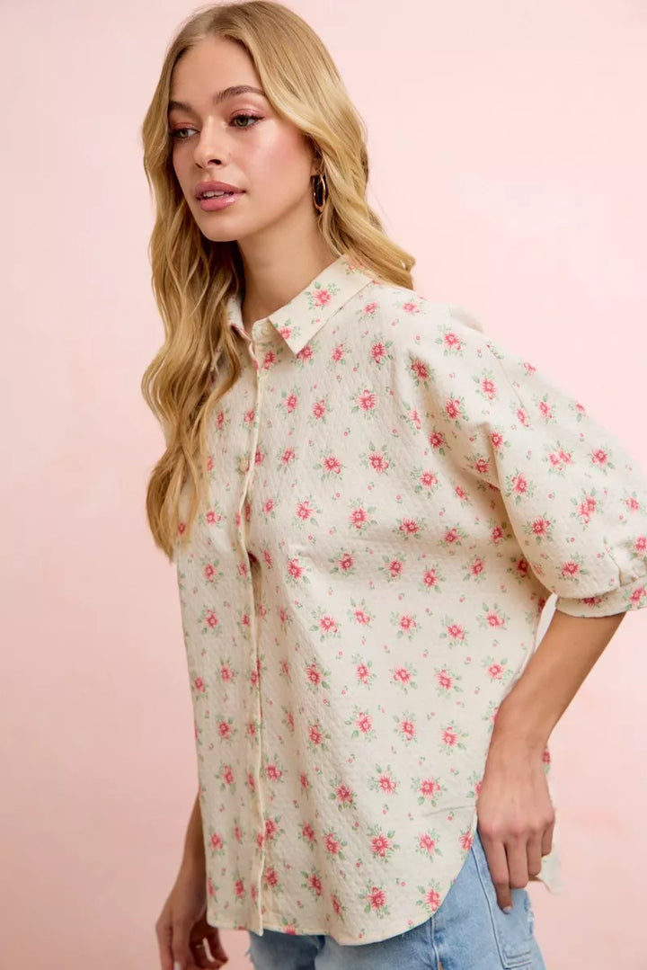 Ditsy floral short dolman blouse with button-front