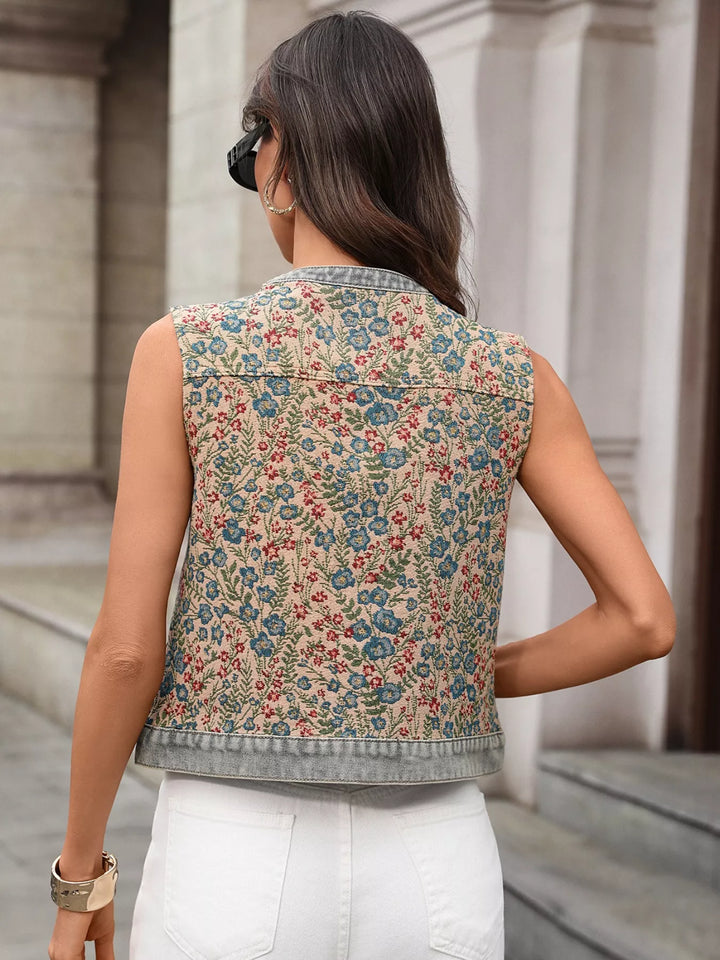 Floral embroidered denim vest with button front